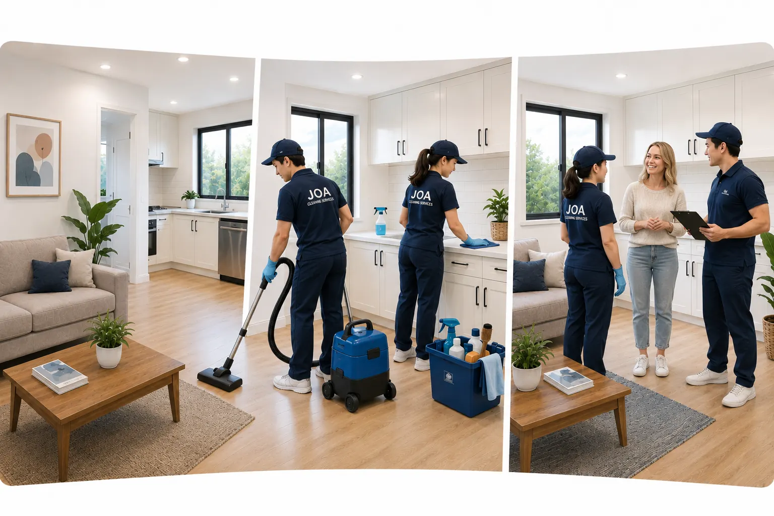 JOA Cleaning Services team cleaning a home and speaking with a happy customer